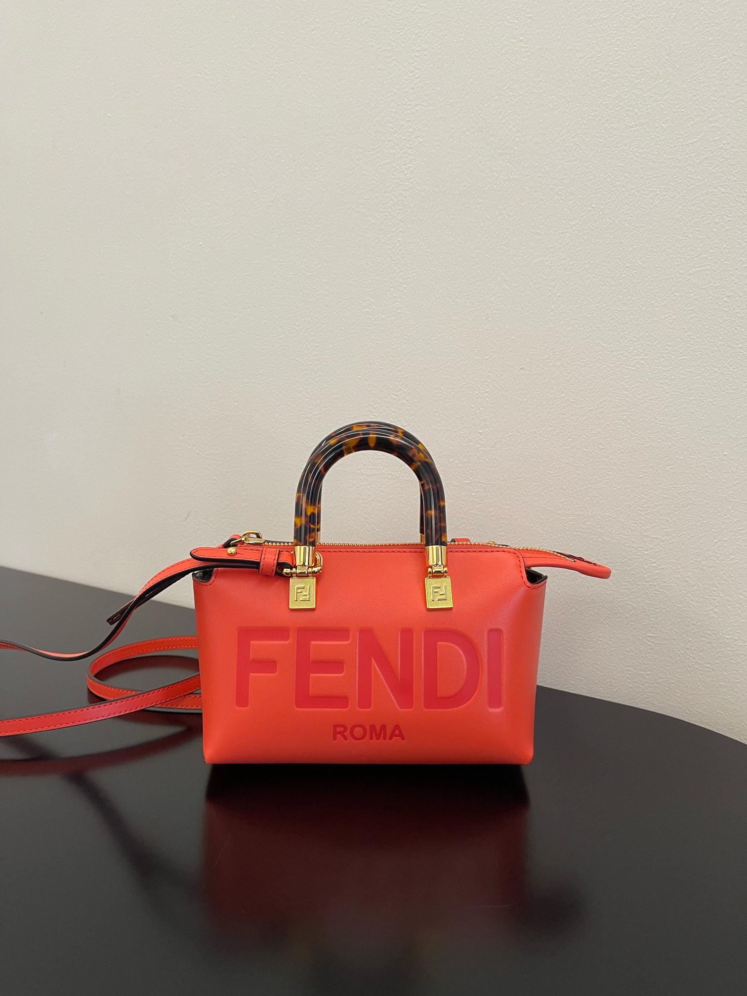 Fendi Mini By The Way Leather Boston Shoulder Bag Orange